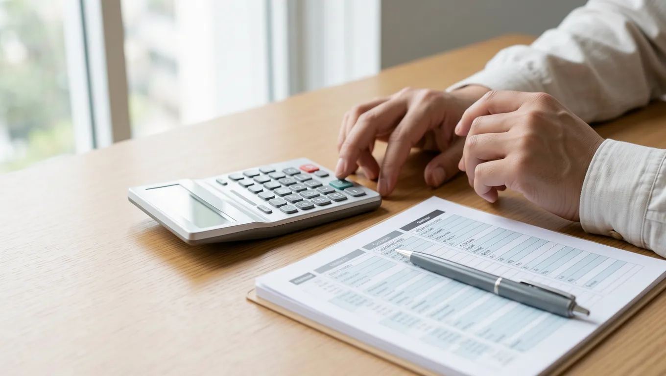 Hands using a calculator with a financial planner on a desk